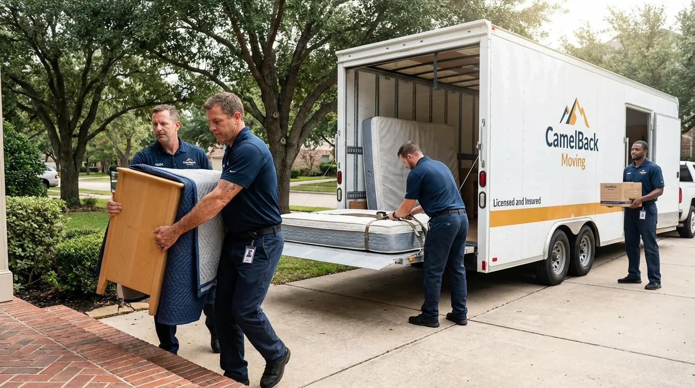 Crew loading residential truck for cross-state move from Fresno, CA