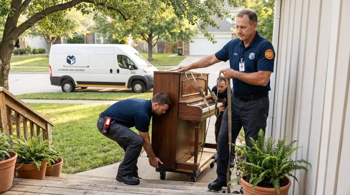 Licensed piano movers securing grand piano in Fresno, CA