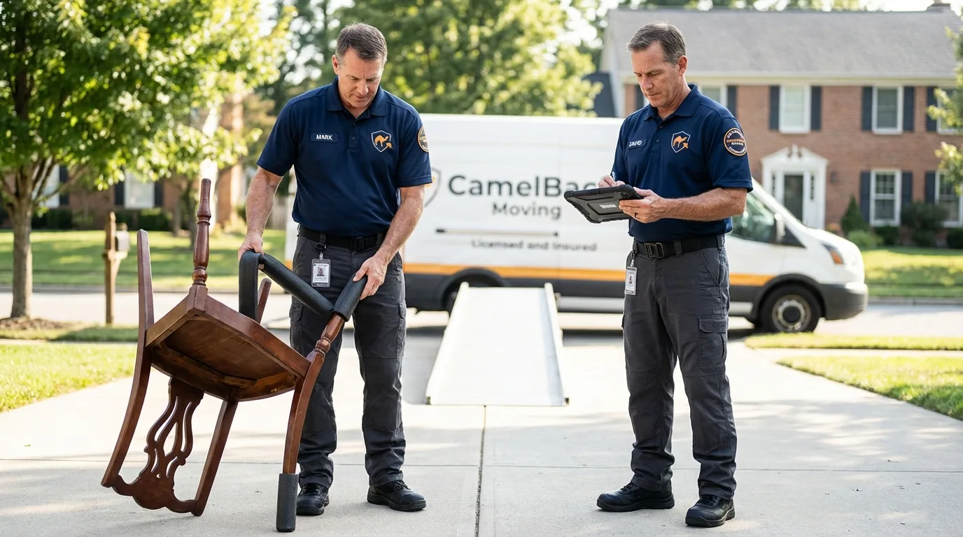 Movers inspecting furniture for damage prevention before loading in Fresno, CA