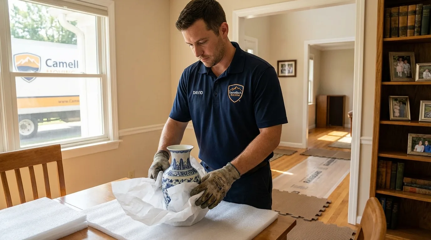 Professional crew carefully wrapping antique vase for senior downsizing move in Fresno, CA